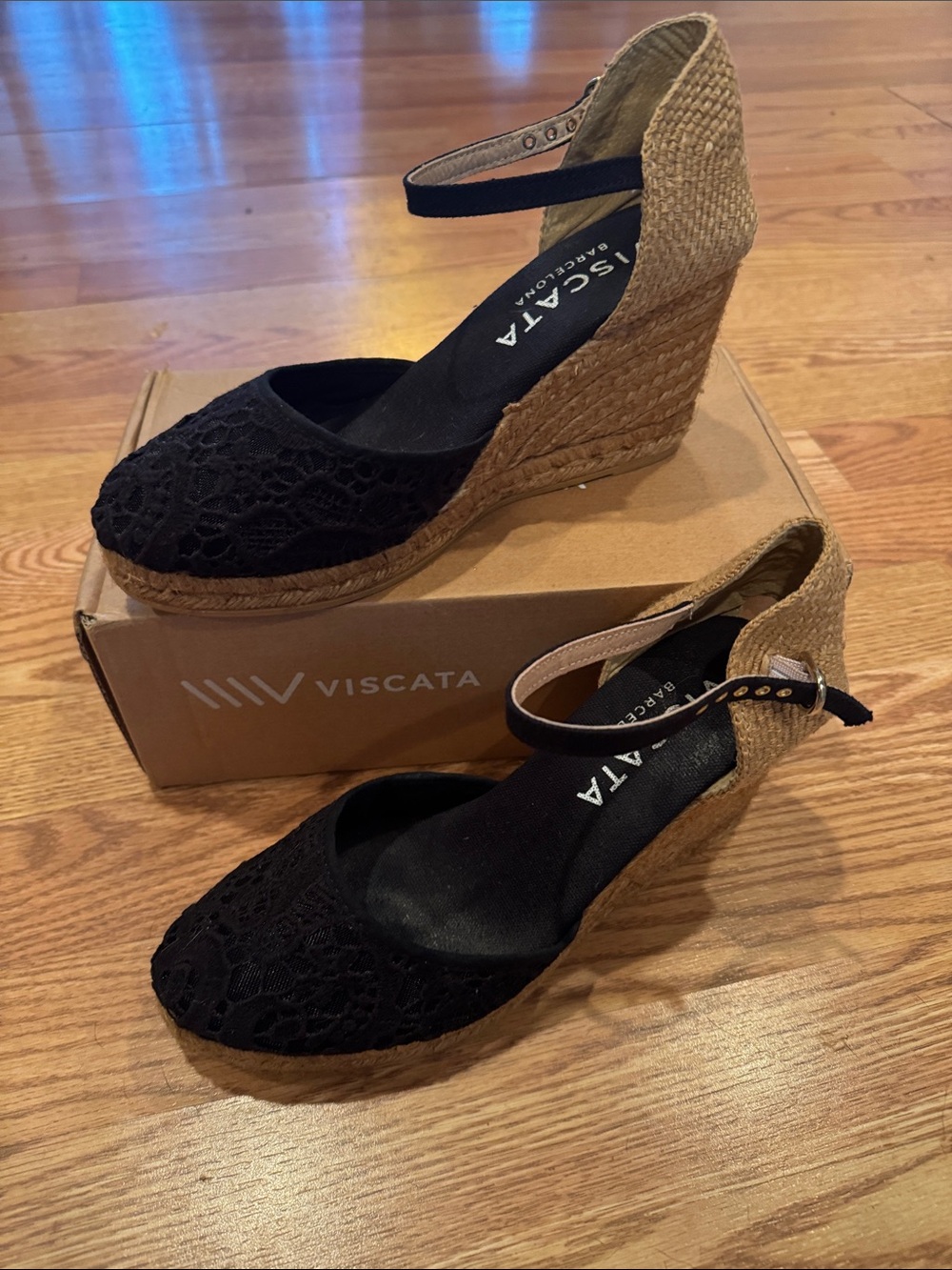 Black Lace Espadrille Wedge Sandals